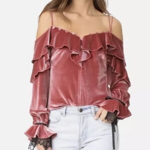 Self-Portrait Velvet Off the Shoulder Frill Top ~ Dusty Pink